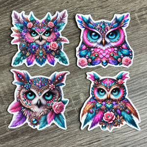 Set of 4 Bright Colour Owls 3.5" Vinyl Stickers/Decals