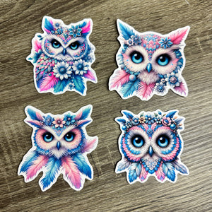 Set of 4 Pastel Colour Owls 3.5" Vinyl Stickers/Decals