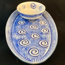 Blue and White Tray with Dipping Bowl